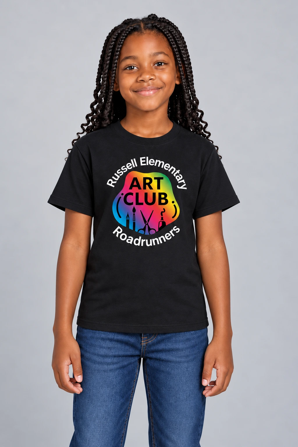 Girl model wearing the Russell Elementary Art Club shirt